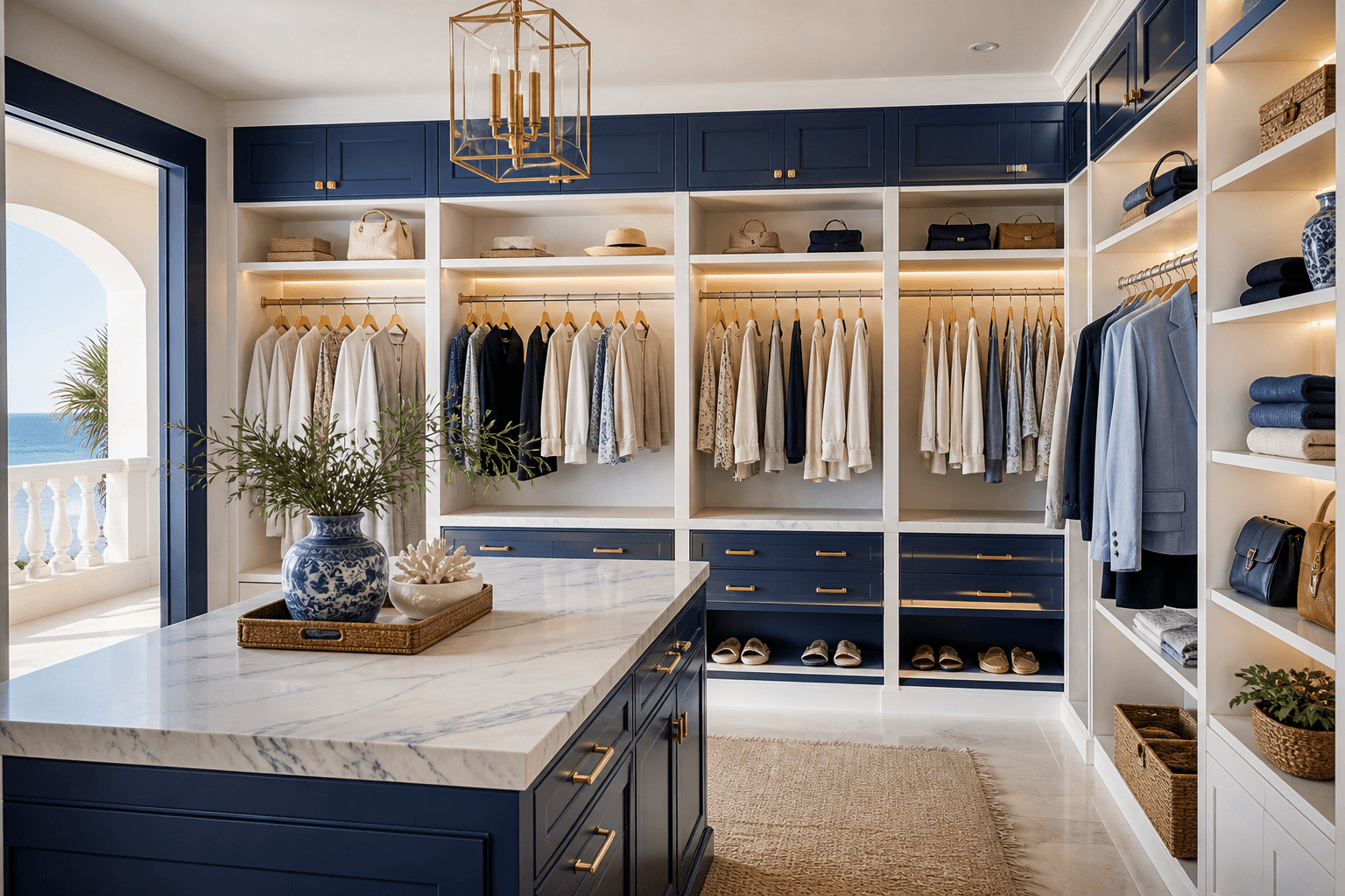 Mediterranean navy-and-white custom closet with gold hardware
