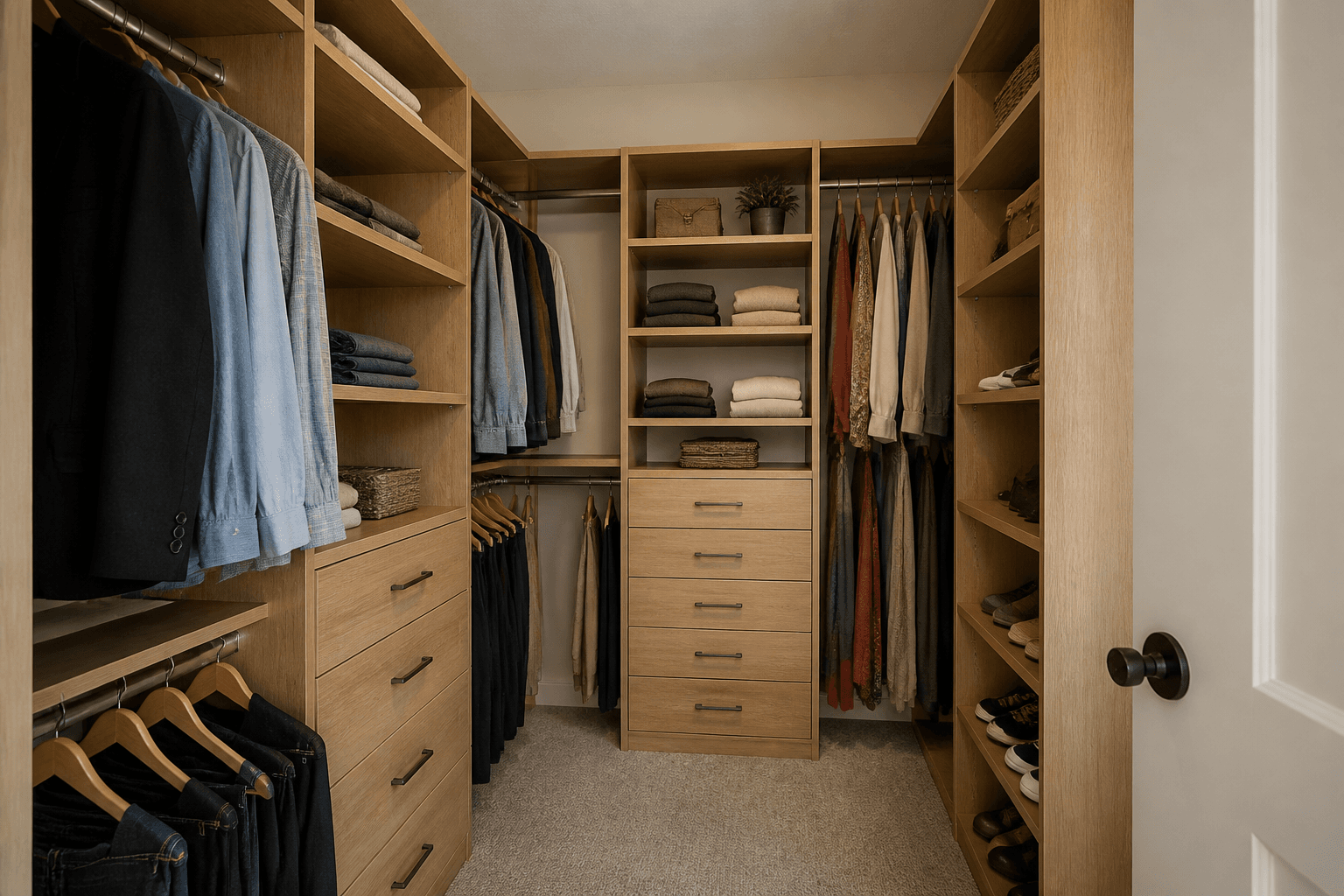 Medium home-scale oak walk-in closet for everyday family storage