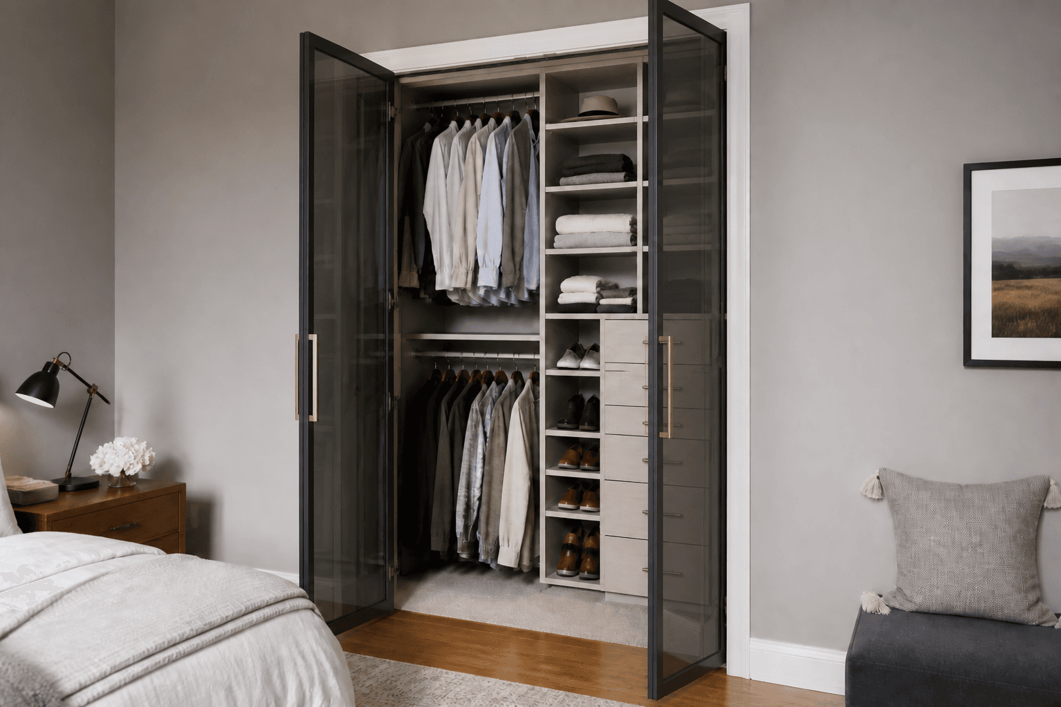 Original small reach-in closet layout with four smoked glass double-opening doors