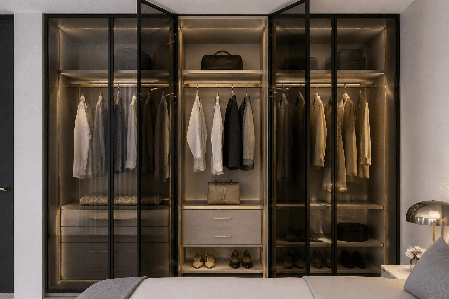 Slim glass & gold accent — Walk-In Closet