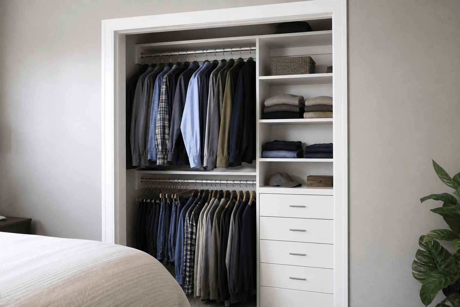 Small white minimalist reach-in closet with everyday navy, gray, and blue clothes