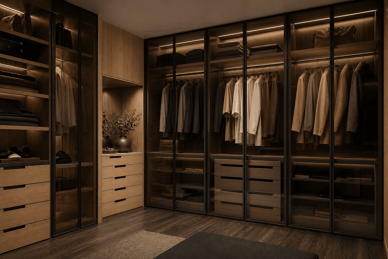 Oak wood closet with smoked glass doors and soft LED lighting