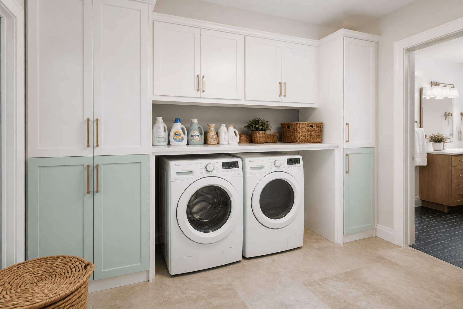 Seafoam laundry cabinets — Laundry Storage · Reading, MA