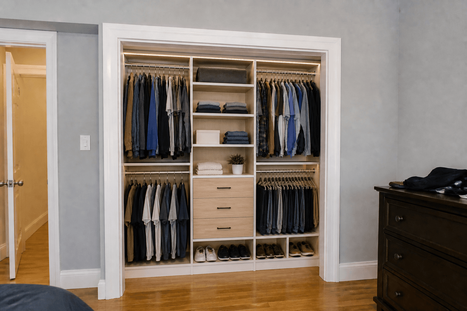 Organized custom closet after retrofit